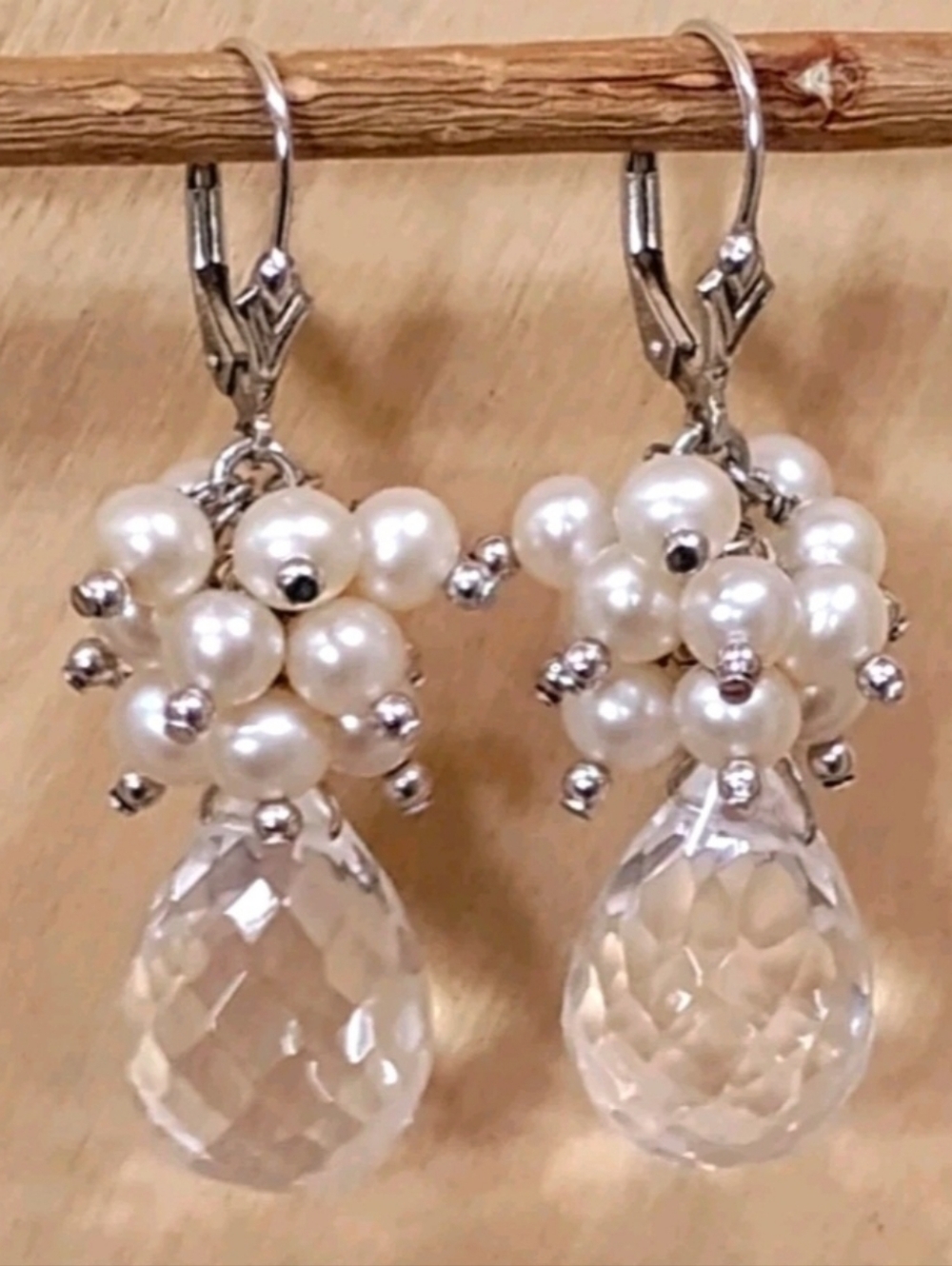 925 Sterling Silver Faceted Rock Crystal Quartz & Pearl Drop Earrings. - Picture 3 of 4